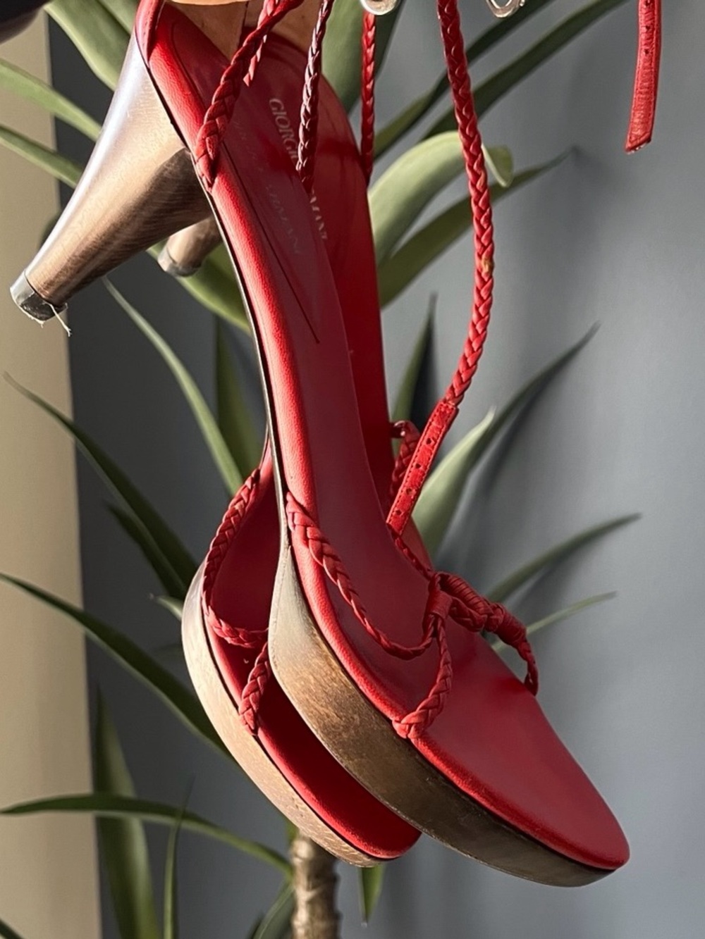 Vintage Giorgio Armani Red Braided Leather Wood Platform Heels Size 38
